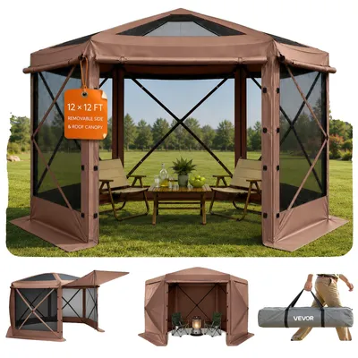 Immagine prodotto di Padiglione pop-up VEVOR, 3,6 x 3,6 m, tenda da campeggio a 6 lati con tetto rimovibile e borsa per il trasporto, protezione solare per 8-10 persone, tenda da festa per giardino e terrazza, marrone