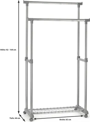 Produktbild von Garderobenwagen GROSSO Kleiderständer Rollgarderobe Garderobenständer , mit Schuhablage, 2 Kleiderstangen, höhenverstellbar, Metallrohr verchromt