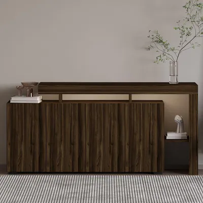 Produktbild von Skye Decor, Hochwertiger Konsolentisch mit LED-Beleuchtung, Walnuss, 170 x 80 x 35 cm | 100% melaminbeschichtete Spanplatte, 18 mm dick | Modernes Design mit zahlreichen Regalen, wandmontierbar.