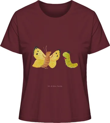 Produktbild von Mr. & Mrs. Panda Basic Shirt Damen Raupe Schmetterling Größe S - Burgundy - Geschenk, Zitronenfalter, Schönheit, Entwicklung, Bedrucktes, Oberteil, Hut, T-Shirt