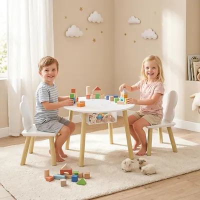 Produktbild von Kindertisch mit 2 Stühlen, Wolken-Design Kindersitzgruppe, MDF Kiefernholz, Weiß | 60x60x44 cm | Sitzhöhe 26 cm | Aufbewahrungsfach