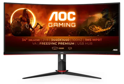 Zdjęcie produktu dla AOC G2 CU34G2/BK, 86,4 cm (34"), 3440 x 1440 px, Quad HD, LED, 4 ms, Czarny, Czerwony