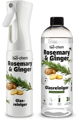 Produktbild von bio-chem Rosemary & Ginger Glasreiniger Konzentrat | Premium Fensterreiniger für streifenfreien Glanz | für Glas Spiegel Fenster Hochglanzflächen | Duftsprühflasche Flowra + 750 ml Refill