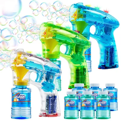 Productafbeelding van JOYIN 3 zeepbellenpistolen voor kinderen, LED-zeepbellenpistolen met 6 flessen zeepbellenoplossing, zeepbellenmachine voor feestjes, zomerse speelgoed, geschikt voor zowel binnen- als buitenspelen