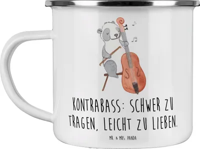 Produktbild von Mr. & Mrs. Panda Emaille Tasse Kontrabass Liebe - Weiß - Geschenk, Streichinstrument, Instrument, Musik, Campingbecher, Musiker, Sinfonieorchester, Orchester, Pott