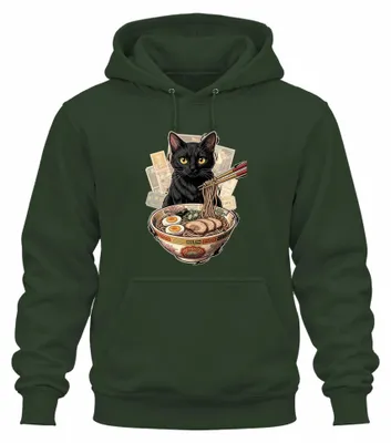 Imagen del producto de Sudadera con capucha estilo manga japonesa, diseño "Schwarze Katze Ramen Noodles", color verde botella, talla L