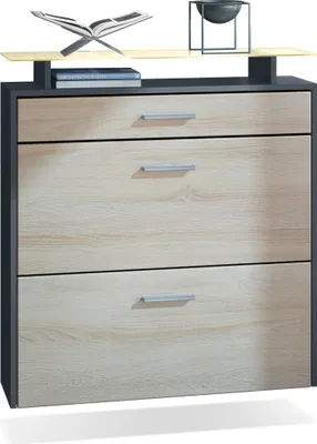 Produktbild von Vladon Schuhschrank Malea, Anthrazit matt/Eiche sägerau inkl. LED - hängender Schuhkipper für 16 Paar Schuhe (89 x 96 x 23 cm)