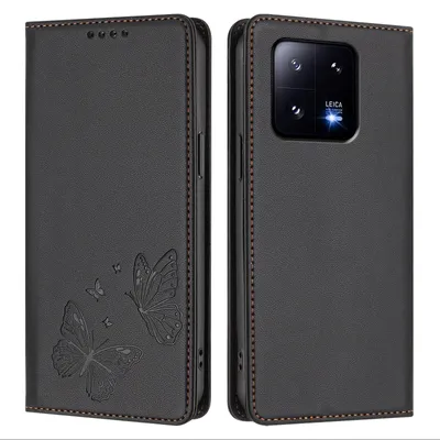 Obrázek produktu pro Kožené pouzdro pro Xiaomi 13 Pro, motýlí ražbou, peněženkové flip pouzdro se stojánkem Černá