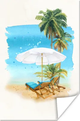 Produktbild von MuchoWow® Poster Strandkorb - Sonnenschirm - Palme - Meer 20x30 cm - Papierdruck