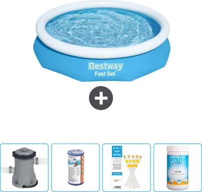 Produktbild von Bestway runder aufblasbarer Fast-Set-Schwimmpool – 305 x 66 cm – Blau – inklusive Pumpe Filter - Teststreifen - Chlor