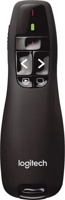 A black Logitech wireless presenter is shown against a white background.