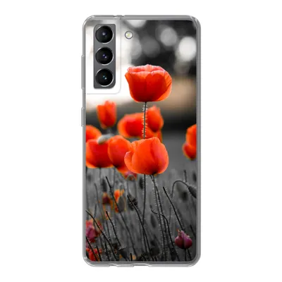 Produktbild von MuchoWow® Handyhülle Schutzhülle Hülle für Samsung Galaxy S21 Rote Mohnblumen vor schwarzem und weißem Hintergrund Silikon Softcase Handy Hülle - Softcase