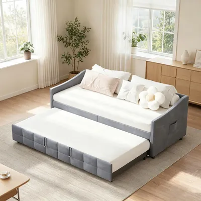 Immagine prodotto di Letto imbottito trasformabile in divano letto, dimensioni 90x200 cm, con letto estraibile, struttura a rete, braccioli, ideale per ragazzi, rivestito in velluto, colore grigio