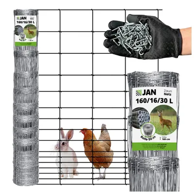A product image showing rolls of wire fencing, a hand holding fasteners, and small animals behind the fence.