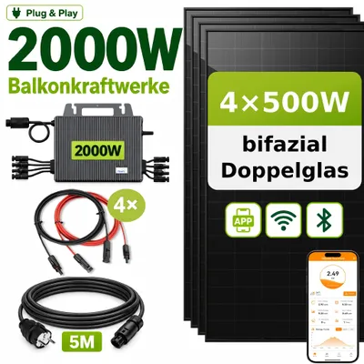 Produktbild von Balkonkraftwerk 2000W Komplettset mit 4*500Wp Bifaziale PV-Modulen und 2000W TSUN Mikro-Wechselrichter