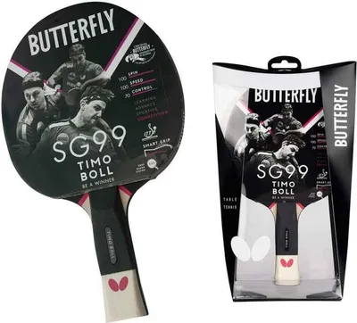 A table tennis bat and its packaging are displayed side-by-side against a white background.