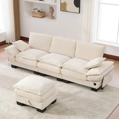 Produktbild von Modulares 3-Sitzer Cordsofa 260x132x84cm mit Hocker, USB-C-Anschluss und Seitentaschen, beiges Sofa mit Stauraumhocker für Wohnzimmer oder Büro