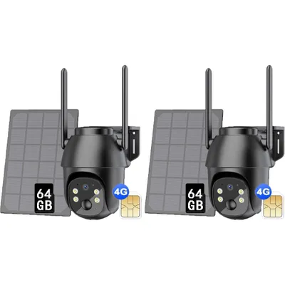 Image de 2 pièces 4G LTE caméra de surveillance extérieure batterie 8400mAh avec panneau solaire et PTZ, caméra IP extérieure avec vision nocturne couleur, 64GB
