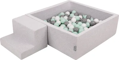 Obrázok produktu pre KiddyMoon Mäkké penové ihrisko pre deti s guľatým loptičkovým ihriskom (100 ∅ 7 cm) s mäkkými prekážkami a loptičkovým bazénom,  vyrobené v EÚ, Svetlo šedá:Biela/Grey/Mätový, Stupne