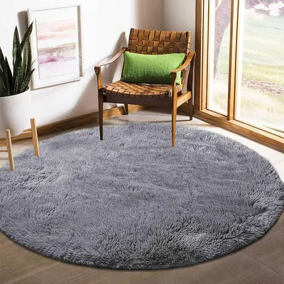 Productafbeelding van Vloerkleed rond 100 cm, voor slaapkamer, shaggy hoogpolig antislip, grijs