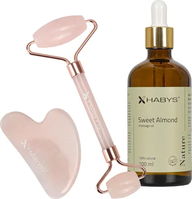 Produktbild von HABYS Gesichts-Massage-Set mit Rosenquarz | Gua-Sha-Stein, Roller & 100 ml natürlichem Mandelöl | für Gesichtspflege, Massage & Wellness zu Hause