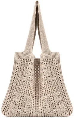 Obrázok produktu pre Uniqoos® Veľká ručne vyrobená bavlnená kabelka, 41 x 36 cm – ručne pletená s háčkovaným vzorom, 22 cm dlhá rúčka, elastický polyester, bez podšívky, vhodná na pláž a na každodenné použitie