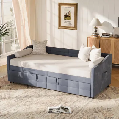 Immagine prodotto di Divano letto allungabile ProximaX 90×200 cm in grigio, tessuto vellutato, con molla a gas - divano e letto in uno, ideale per le camere degli ospiti