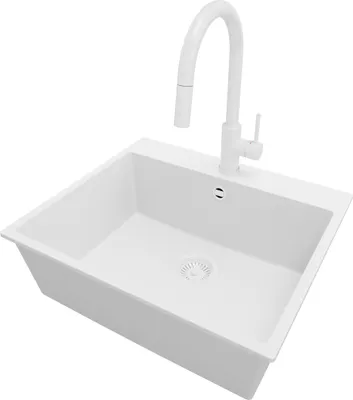 Produktbild von PRIMAGRAN Granitspüle Alles Weiß 58x50cm, Spülbecken 1 Becken + Küchenarmatur 40x20cm + Ablauf-Set, Küchenspüle ab 60er Unterschrank - Riga