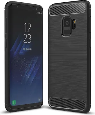 A black phone case is shown from two angles, with the phone inside the case visible on the left.