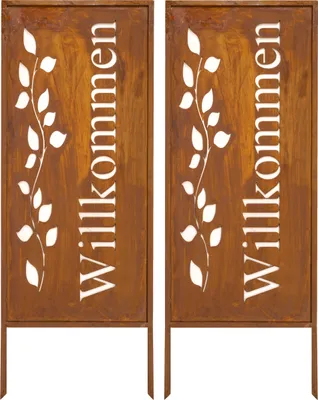 Produktbild von Sichtschutz Metall 2x - 100 cm x 40 cm - Willkommensschild Willkommen - Edelrost - Rostoptik Sichtschutz für Garten - Sichtschutzelement - Sichtschutzwand - Gartendekoration Zaun - Rost