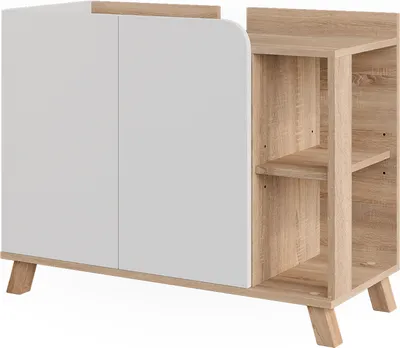 A product shot of a white and wood cabinet with shelves.