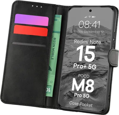 Produktbild von Handyhülle mit Klappe für Xiaomi Redmi Note 15 Pro Plus 5G / POCO M8 Pro 5G, Bizon Case Pocket, Schwarz