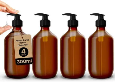 Image de Lot de 4 distributeurs de savon élégants en verre ambré de 300 ml