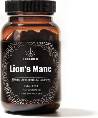 Produktbild von TERRAGEM Lion's Mane Kapseln, 2% Hericenone, Löwenmähne Pilz Extrakt, 100% Pflanzlich, Hochkonzentriert, für Veganer, 60 Kapseln