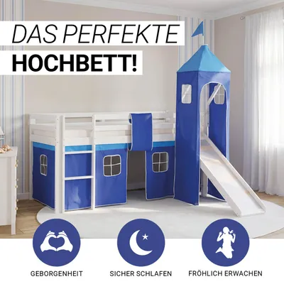 Produktbild von Homestyle4u Hochbett 90x200 Kinder mit Rutsche ohne Lattenrost mit Rausfallschutz Leiter Tunnel Turm Weiß Blau Junge Massivholz Kiefer Weiß