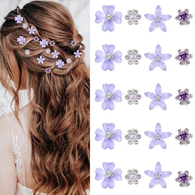 Produktbild von 20 kleine Haarspangen mit Blumen, Mini-Haarspangen mit Blumen, niedliche Haarnadeln aus Metall mit Strasssteinen für Damen, Haarschmuck, Brauthaarschmuck, Kommunionshaarschmuck, Brauthaarschmuck für Mädchen (lila)