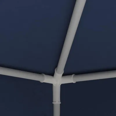 A close-up view of the internal structure of a blue party tent, showing the white PVC poles and connectors.