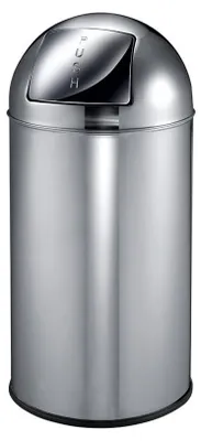 A stainless steel trash can with a push-button lid.