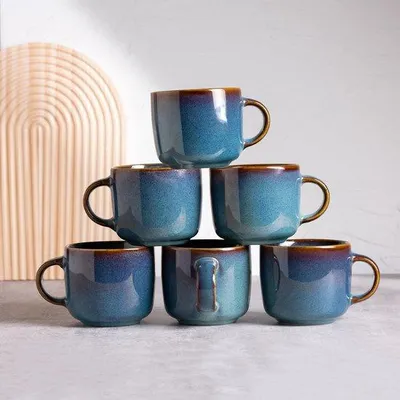 Image de Lot de 6 tasses à café en céramique, bleues, 360 ml