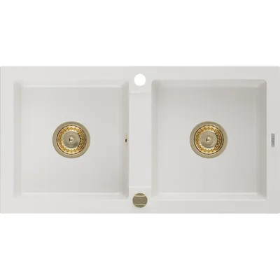 Zdjęcie produktu dla Mexen Mario zlewozmywak granitowy 2-komorowy 820 x 436 mm, biały, syfon złoty - 6504822000-20-G