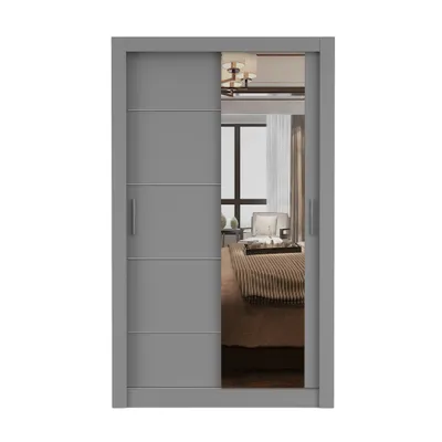 Produktbild von Schwebetürenschrank LION, Schlafzimmer, Kleiderschrank Schrank 120 cm Grau/Grau mit Spiegel, alufarbene PVC-Griffe