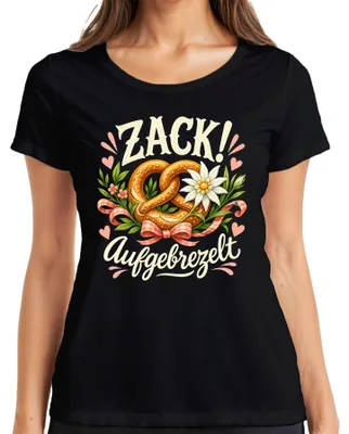 Produktbild von Zack! Aufgebrezelt Wiesn Brezel Lederhose Dirndl Wasen Damen T-Shirt, Schwarz, XL