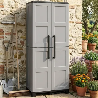 Produktbild von Dbettell-Außengarderobe, Besenschrank, 2-türiger Außenschrank, 100 %  Italy, 68 x 37 x 169 cm, Hellgrau und Schwarz, kariertes Finish