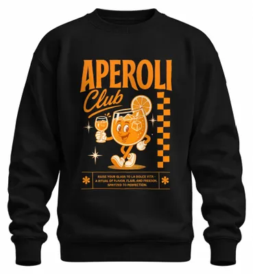 Imagen del producto de Camiseta de punto tipo suéter, color negro, talla M, con diseño "Aperol Club Spritz". Ideal para cócteles de verano y como aperitivo