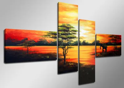 Produktbild von Visario Leinwandbild Afrika Sonnenuntergang 160x70 cm – 4-teilig, Bild Wandbild Kunstdruck, aufhängfertig, Echtholzrahmen, Zackenaufhänger, Art. 6504