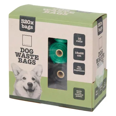 Produktbild von Hundekotbeutel 320 Stück (16 Rollen) Gassibeutel aus recyceltem Kunststoff 18x26cm – 8 schwarze und 8 grüne Rollen, praktische Kotbeutel für Hunde