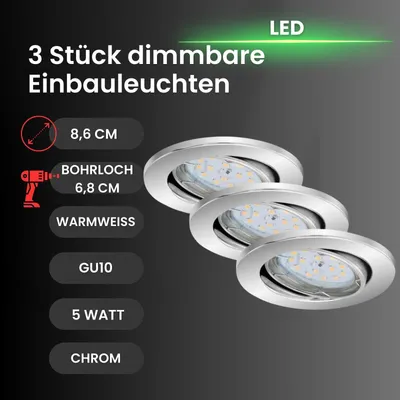 Produktbild von Briloner Fit Dim LED 3er Set Einbaulampe 5W Dimmbar Schwenkbar Chrom