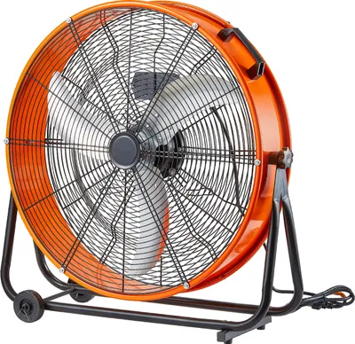 An orange and black industrial drum fan is shown on a white background.