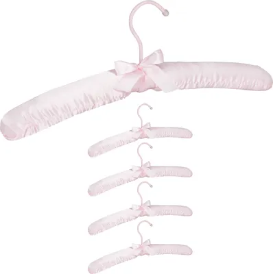 Produktbild von Relaxdays Kleiderbügel Satin, 5er Pack, weich gepolstert, 360° drehbarer Haken, dekorative Schleife, 38 cm breit, rosa