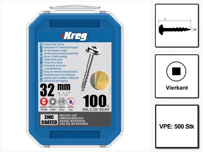 Produktbild von KREG Pocket-Hole Linsenkopfschraube 32 mm 500 Stk ( SML-C125-500 ) Vierkant Antrieb Teilgewinde Grobgewinde selbstschneidend verzinkt